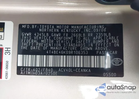 2009 Toyota Camry Le из США, поврежденный, VIN 4T4BE46K09R106353